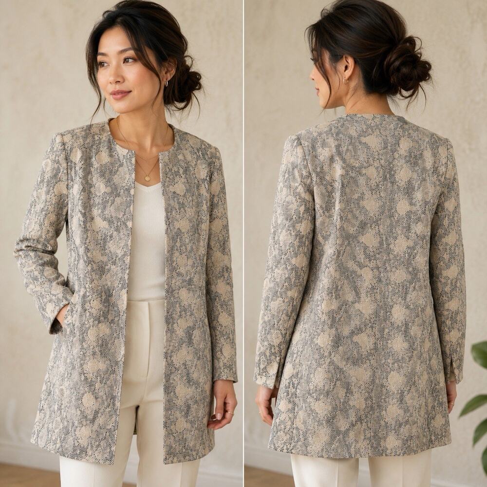 Chico's Snake Print mid-length open front Cardigan Blazer Sz 1 (Sz 14-16)